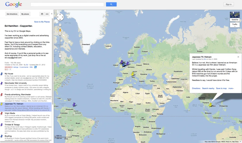 Creatief cv in Google Maps formaat door Ed Hamilton
