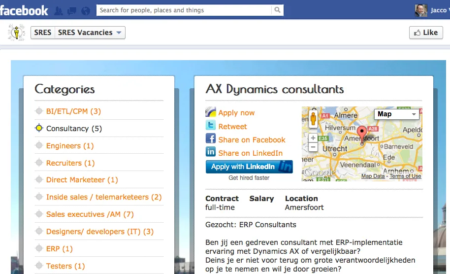 Facebookpagina-tab SRES vacancies